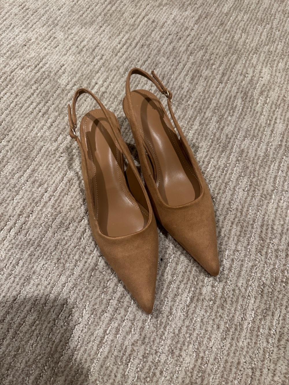 JustFab Mila Pointed Toe Slingback Heels in Camel